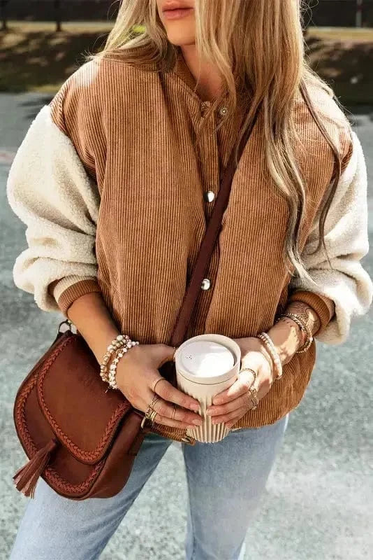 Corduroy Jackets Brown / S / 100%Polyester Corduroy Fleece Patchwork Bomber Jacket