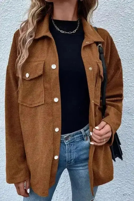 Brown textured street smart shacket front view — Fashionfitz UK