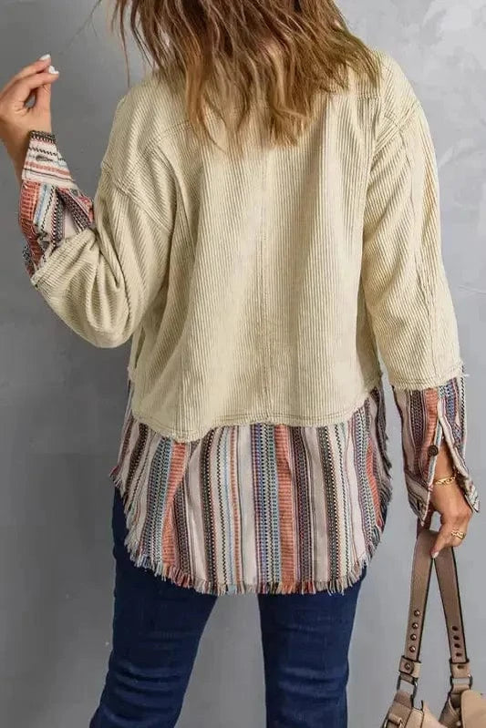 Corduroy Jackets Button Up Pockets Striped Color Block Corduroy Jacket