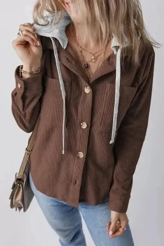 Corduroy Jackets Coffee / S / 100%Polyester Hooded Corduroy Shacket