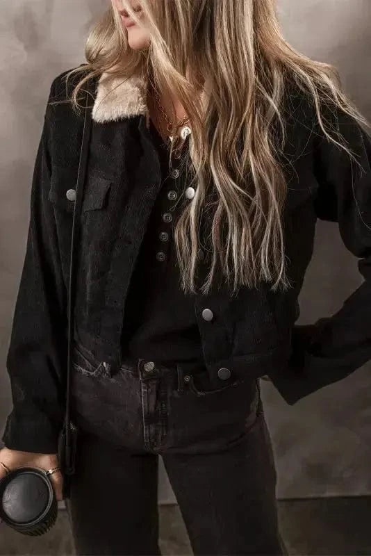 Corduroy Jackets Elegant Fleece-Lined Corduroy Crop Jacket