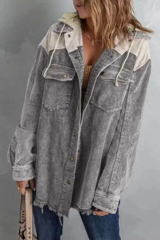 Corduroy Jackets Gray-2 / S / 100%Polyester Green Color Block Button Down Hooded Corduroy Jacket