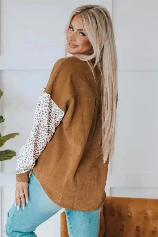 Corduroy Jackets Gray Leopard Patchwork Corduroy Buttoned Shirt Jacket