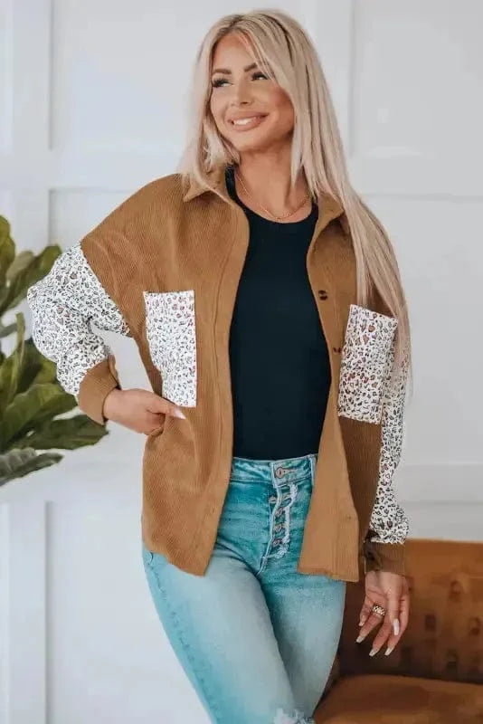 Corduroy Jackets Gray Leopard Patchwork Corduroy Buttoned Shirt Jacket