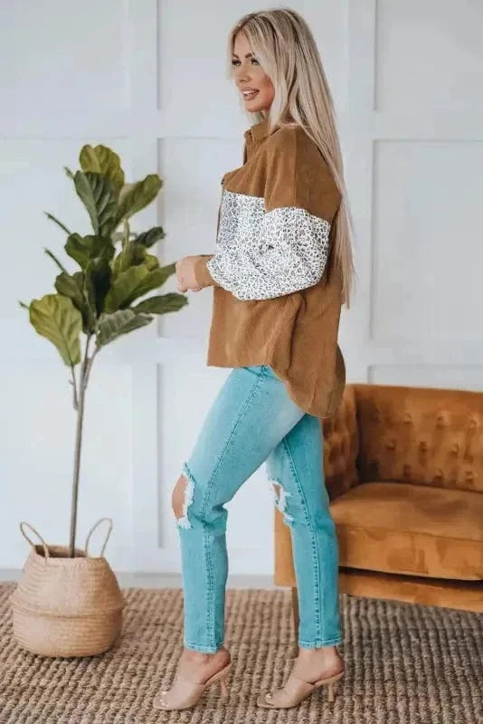 Corduroy Jackets Gray Leopard Patchwork Corduroy Buttoned Shirt Jacket