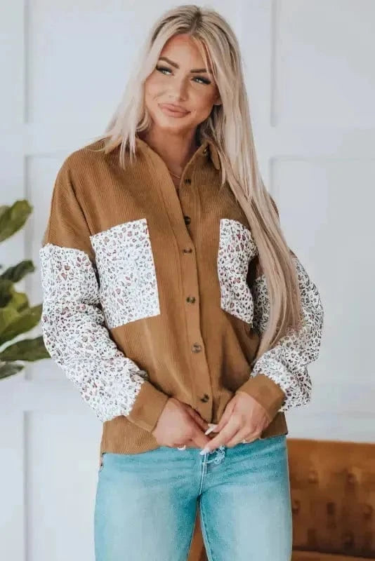 Corduroy Jackets Gray Leopard Patchwork Corduroy Buttoned Shirt Jacket