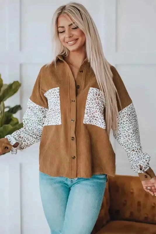 Corduroy Jackets Gray Leopard Patchwork Corduroy Buttoned Shirt Jacket
