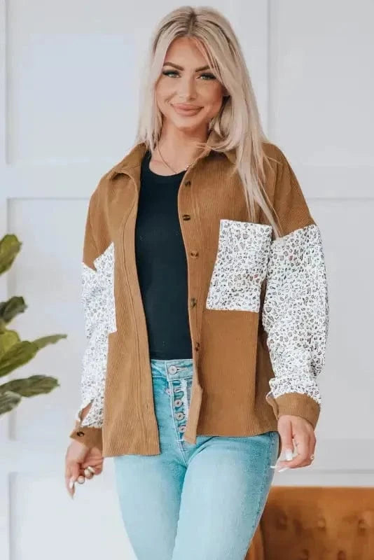 Corduroy Jackets Gray Leopard Patchwork Corduroy Buttoned Shirt Jacket