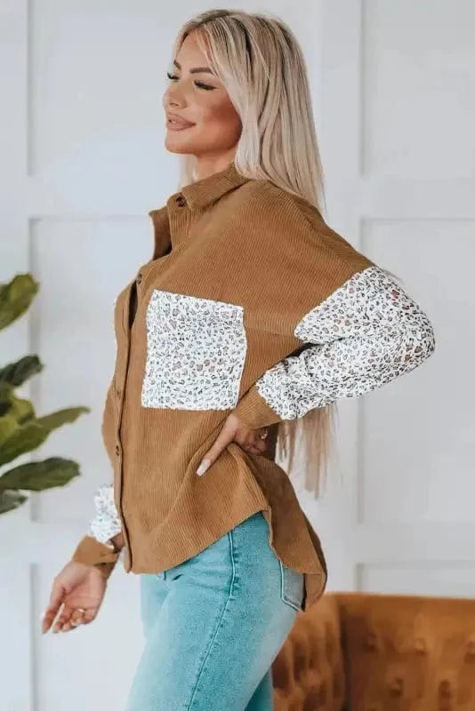 Corduroy Jackets Gray Leopard Patchwork Corduroy Buttoned Shirt Jacket