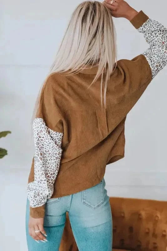 Corduroy Jackets Gray Leopard Patchwork Corduroy Buttoned Shirt Jacket