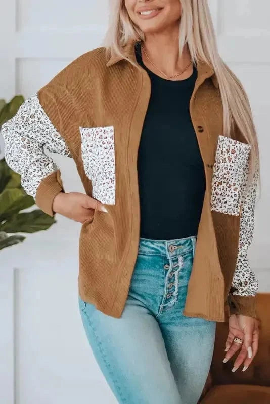 Corduroy Jackets Gray Leopard Patchwork Corduroy Buttoned Shirt Jacket