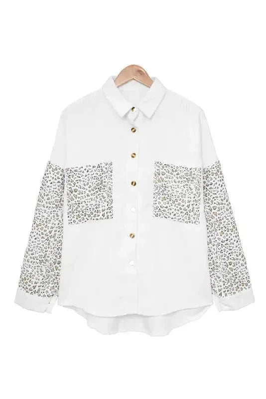 Corduroy Jackets Gray Leopard Patchwork Corduroy Buttoned Shirt Jacket
