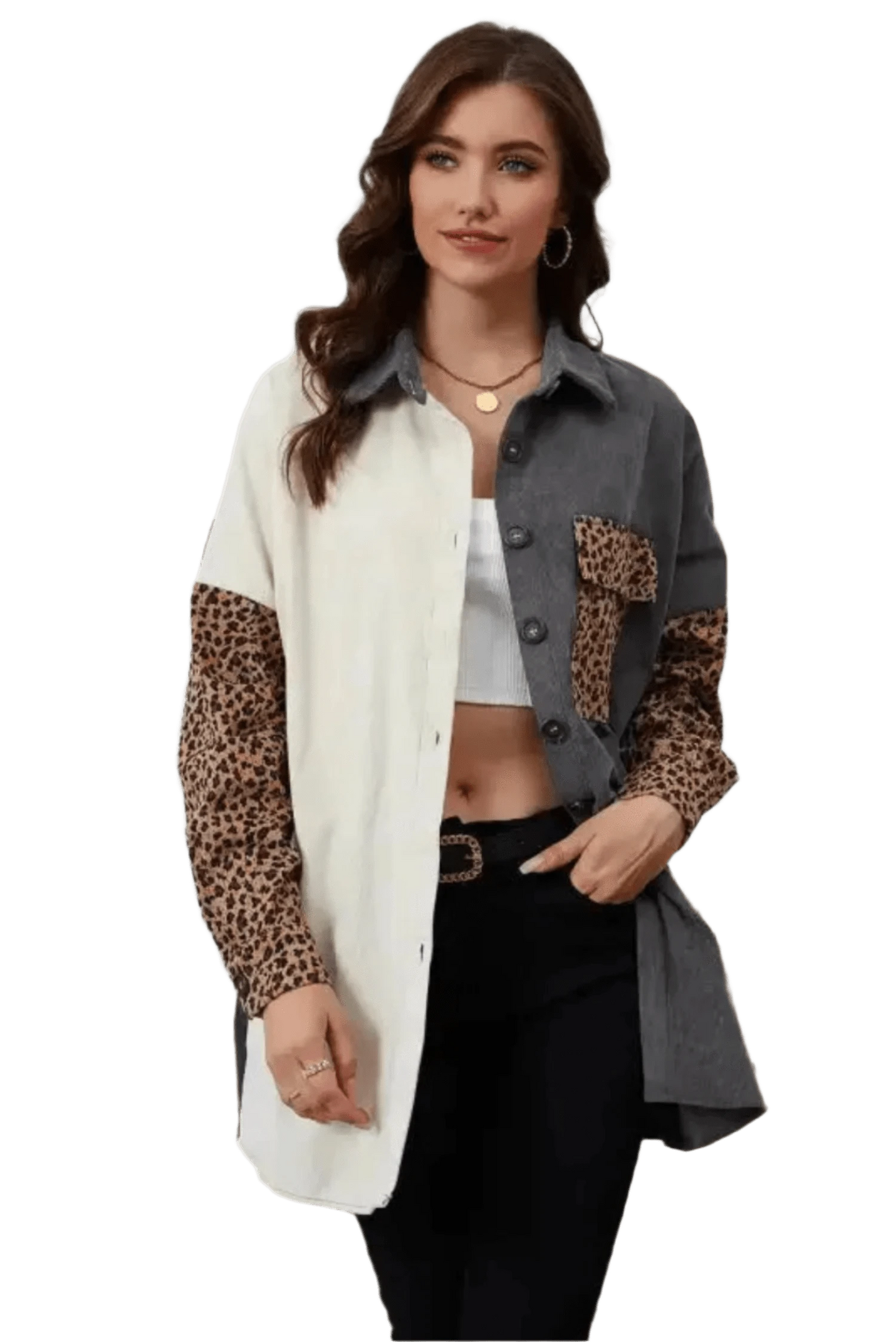 Corduroy Jackets Gray / S / 95%Polyester+5%Elastane Leopard Patchwork Corduroy Shirt Jacket