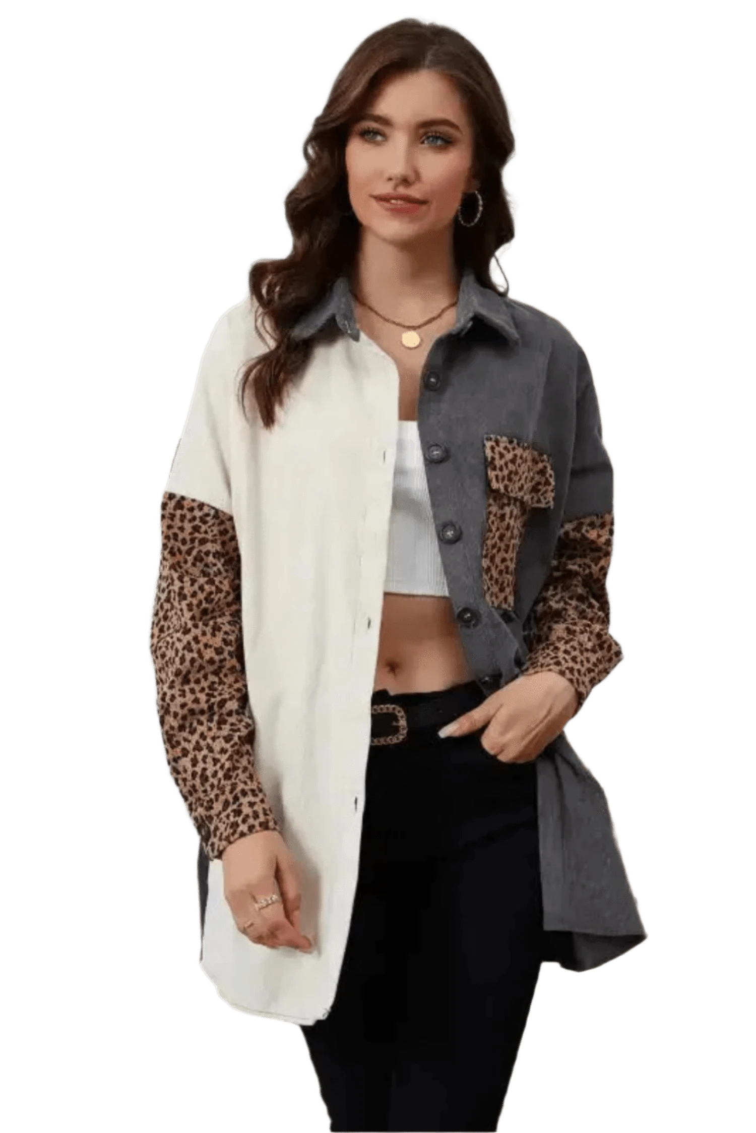 Corduroy Jackets Gray / S / 95%Polyester+5%Elastane Leopard Patchwork Corduroy Shirt Jacket