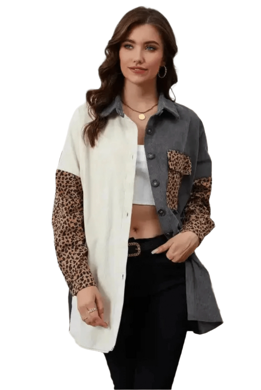 Corduroy Jackets Gray / S / 95%Polyester+5%Elastane Leopard Patchwork Corduroy Shirt Jacket
