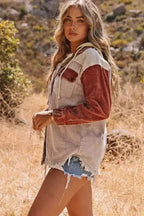 Corduroy Jackets Green Color Block Button Down Hooded Corduroy Jacket