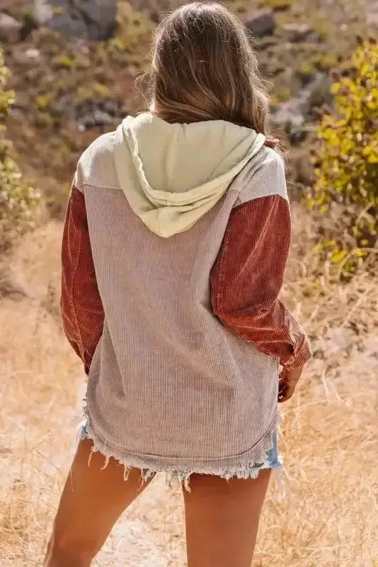 Corduroy Jackets Green Color Block Button Down Hooded Corduroy Jacket
