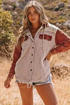 Corduroy Jackets Green Color Block Button Down Hooded Corduroy Jacket