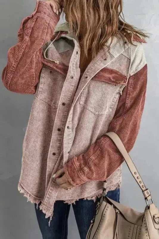 Corduroy Jackets Green Color Block Button Down Hooded Corduroy Jacket