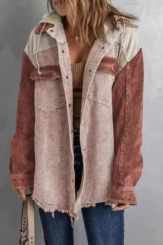 Corduroy Jackets Green Color Block Button Down Hooded Corduroy Jacket