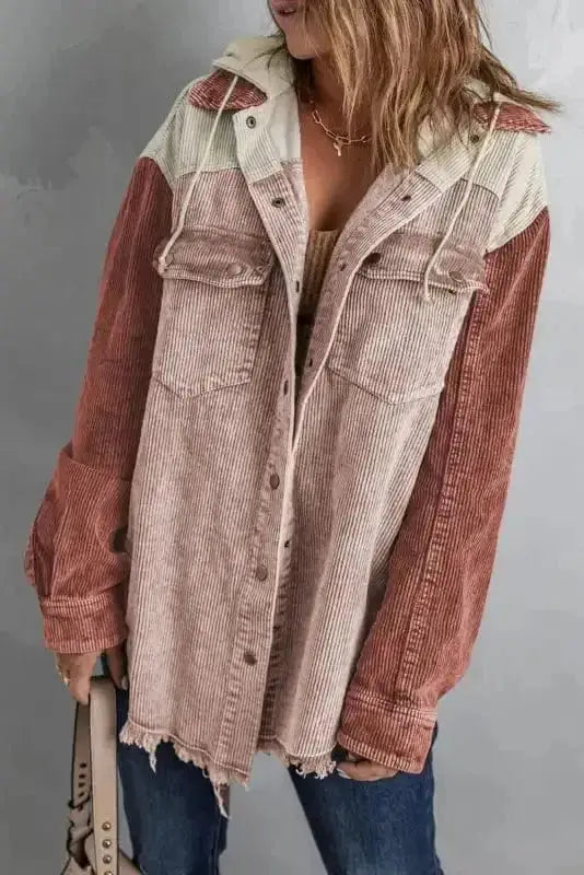 Corduroy Jackets Green Color Block Button Down Hooded Corduroy Jacket