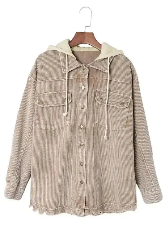 Corduroy Jackets Green Color Block Button Down Hooded Corduroy Jacket