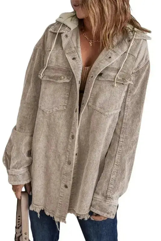 Corduroy Jackets Green Color Block Button Down Hooded Corduroy Jacket