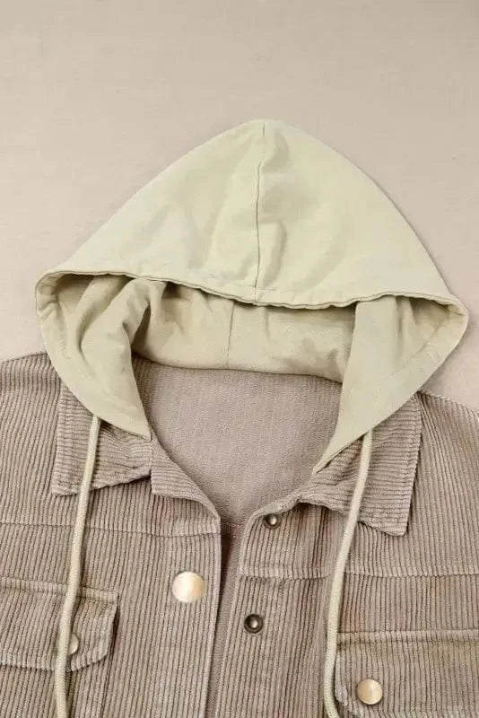 Corduroy Jackets Green Color Block Button Down Hooded Corduroy Jacket