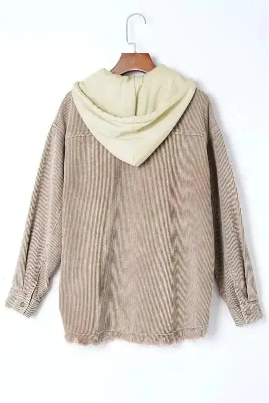 Corduroy Jackets Green Color Block Button Down Hooded Corduroy Jacket