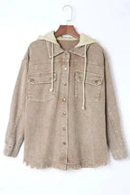 Corduroy Jackets Green Color Block Button Down Hooded Corduroy Jacket