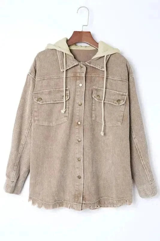 Corduroy Jackets Green Color Block Button Down Hooded Corduroy Jacket