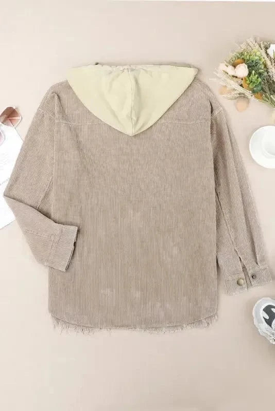 Corduroy Jackets Green Color Block Button Down Hooded Corduroy Jacket