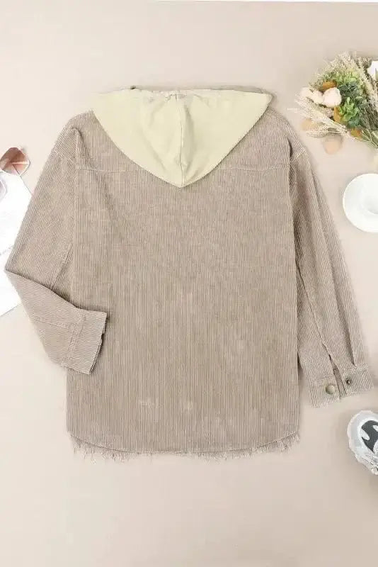 Corduroy Jackets Green Color Block Button Down Hooded Corduroy Jacket