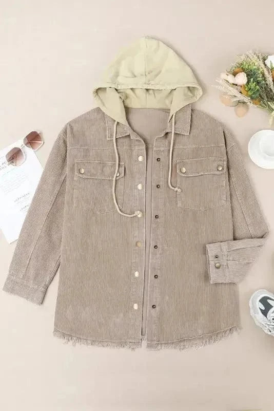 Corduroy Jackets Green Color Block Button Down Hooded Corduroy Jacket