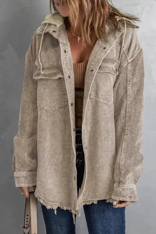 Corduroy Jackets Green Color Block Button Down Hooded Corduroy Jacket