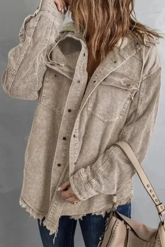Corduroy Jackets Green Color Block Button Down Hooded Corduroy Jacket