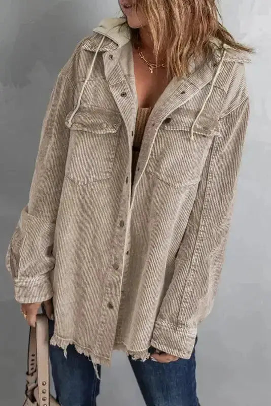 Corduroy Jackets Khaki / S / 100%Polyester Green Color Block Button Down Hooded Corduroy Jacket