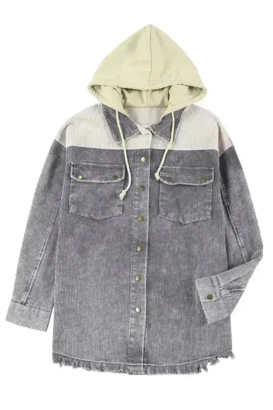 Corduroy Jackets Green Color Block Button Down Hooded Corduroy Jacket