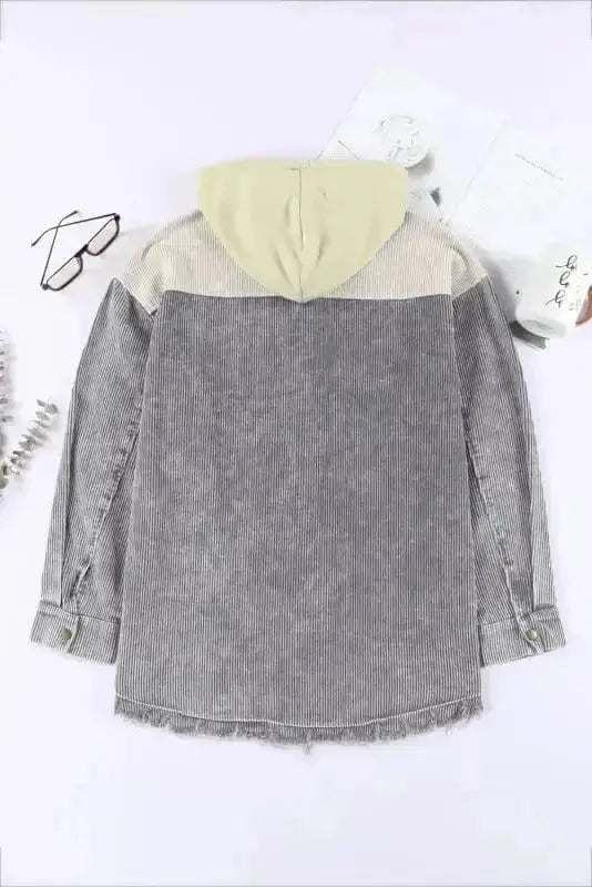 Corduroy Jackets Green Color Block Button Down Hooded Corduroy Jacket