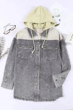 Corduroy Jackets Green Color Block Button Down Hooded Corduroy Jacket