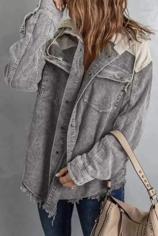 Corduroy Jackets Green Color Block Button Down Hooded Corduroy Jacket