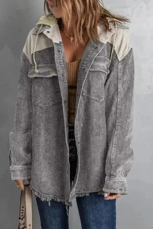 Corduroy Jackets Green Color Block Button Down Hooded Corduroy Jacket