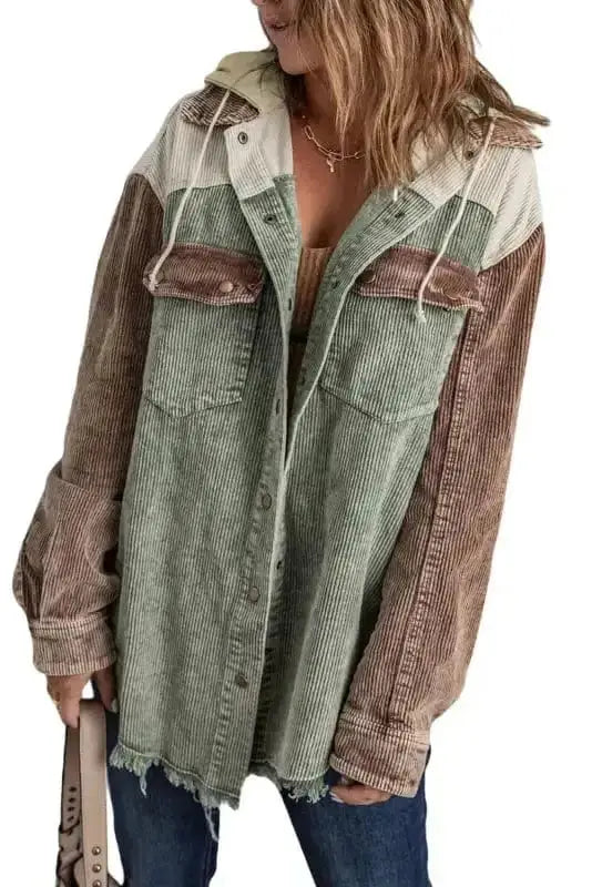 Corduroy Jackets Green Color Block Button Down Hooded Corduroy Jacket