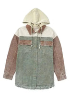 Corduroy Jackets Green Color Block Button Down Hooded Corduroy Jacket