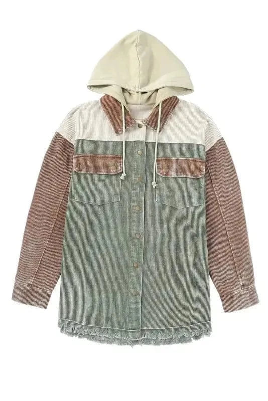 Corduroy Jackets Green Color Block Button Down Hooded Corduroy Jacket