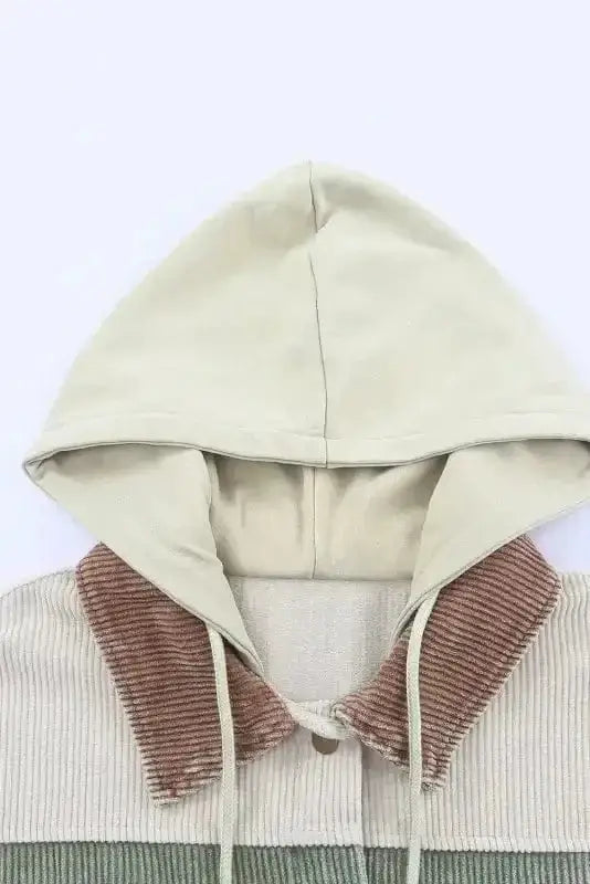 Corduroy Jackets Green Color Block Button Down Hooded Corduroy Jacket