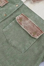 Corduroy Jackets Green Color Block Button Down Hooded Corduroy Jacket