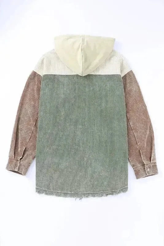 Corduroy Jackets Green Color Block Button Down Hooded Corduroy Jacket