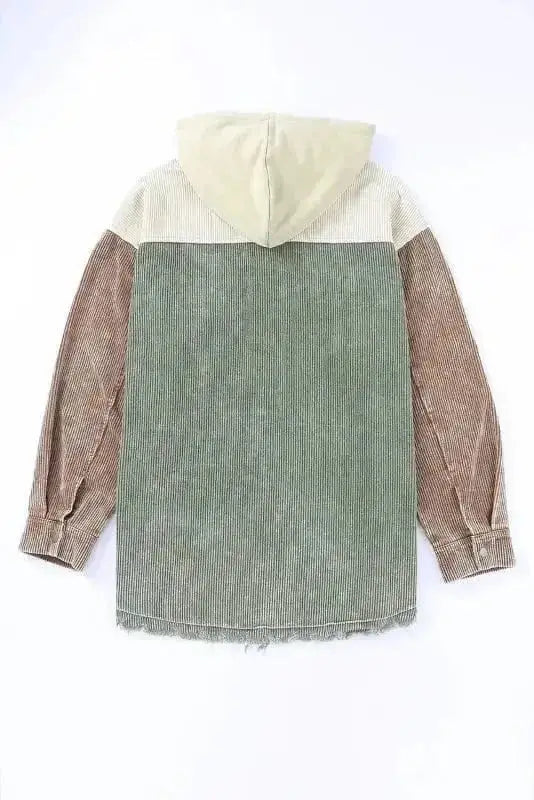 Corduroy Jackets Green Color Block Button Down Hooded Corduroy Jacket