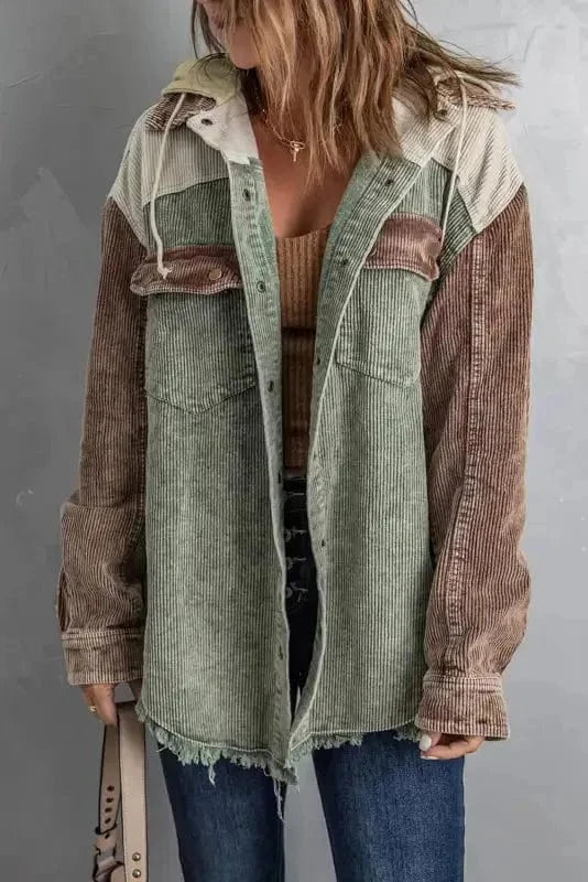 Corduroy Jackets Green Color Block Button Down Hooded Corduroy Jacket